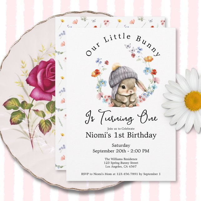 Convite de Primeiro Aniversário Coelho Floral (Bunny Floral First Birthday Invitation 1)
