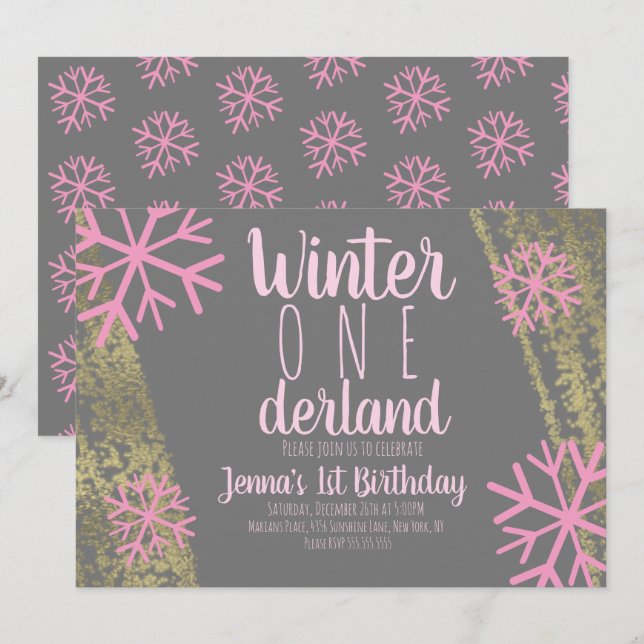 Convite de Primeiro Aniversário com Floco de Neve  (Frente/Verso)