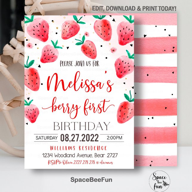 Convite de Primeiro Aniversário da Berry Convite d (Strawberry invite,First Birthday,Evite Electronic,Text Message,modern Berry,1st girl,Strawberry Part)
