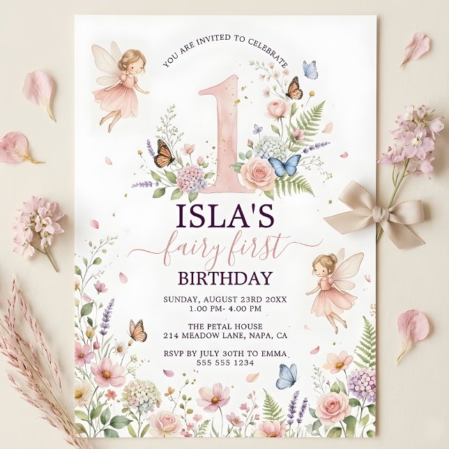 Convite de Primeiro Aniversário da Fada Floral Ros (Pink Floral Fairy First Birthday Invitation)