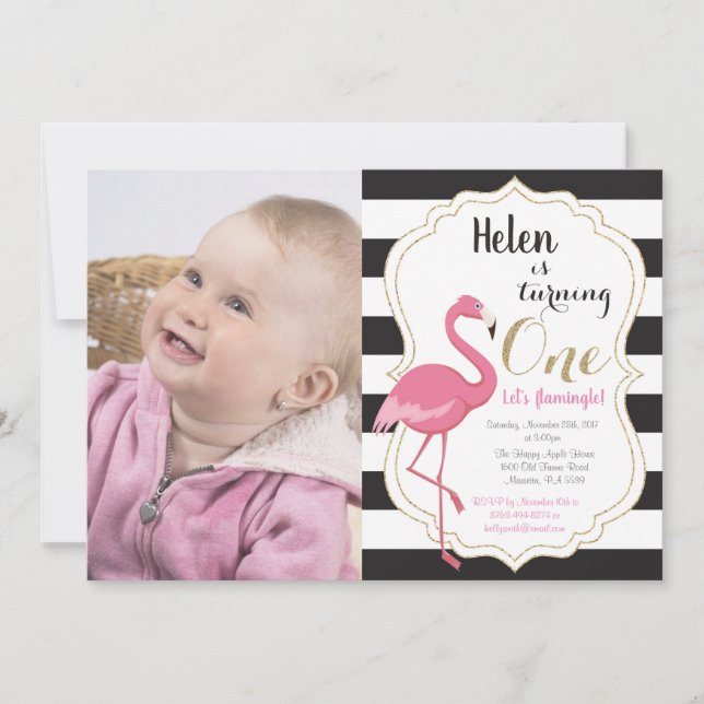 Convite de Primeiro Aniversário da Menina Flamingo (Frente)