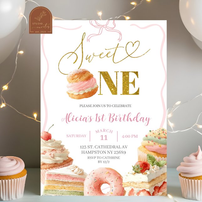 Convite de Primeiro Aniversário de Bolo de Doces c (Criador carregado)