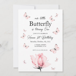 Convite de primeiro aniversário de borboleta rosa