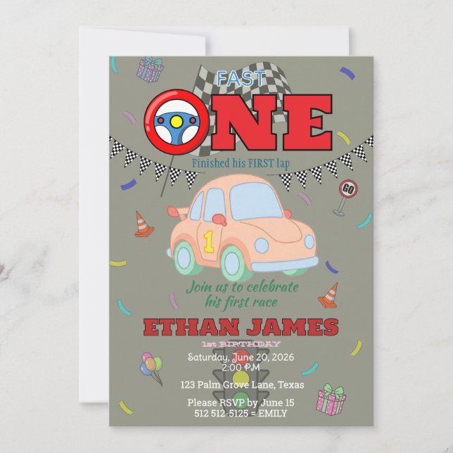 Convite de Primeiro Aniversário de Carro Bonito Ed (Frente)