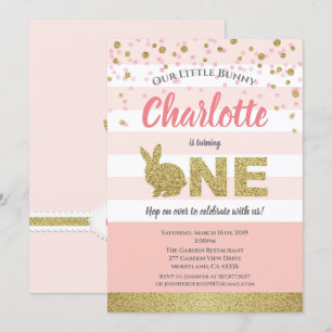 Convite de primeiro aniversário de coelhinha rosa 