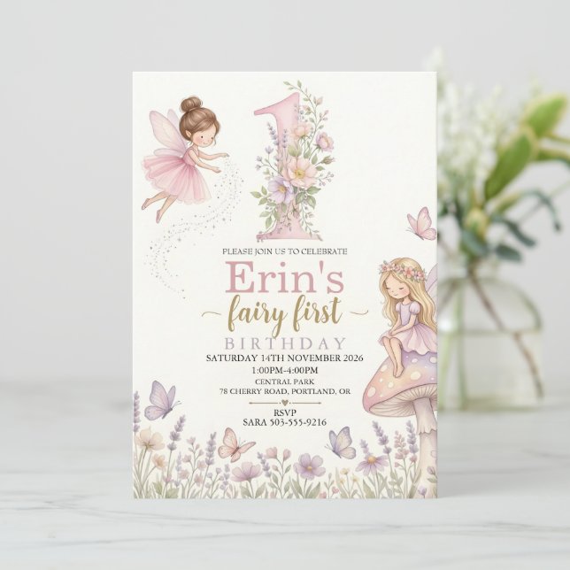 Convite de Primeiro Aniversário de Fada Meninas Co (Em pé/Frente)