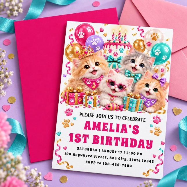 Convite de Primeiro Aniversário de Gatos Fofos e B (Criador carregado)