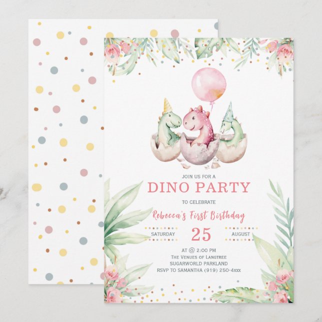 Convite de Primeiro Aniversário de Menina Dinossau (Frente/Verso)