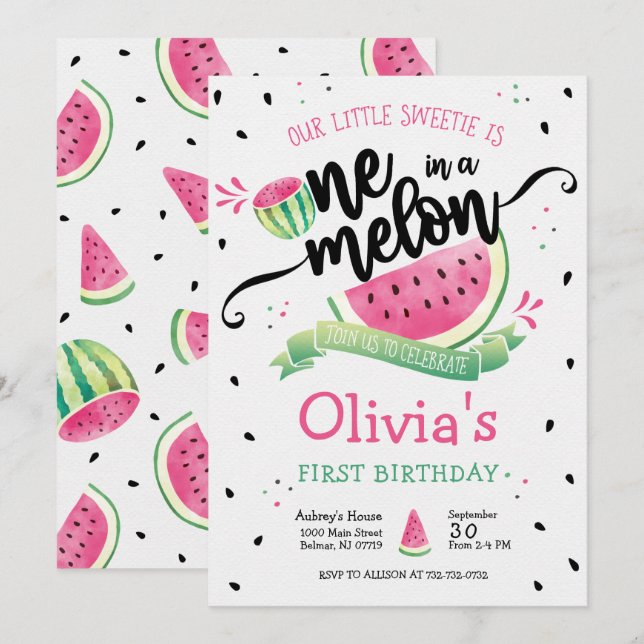 Convite de Primeiro Aniversário de Menina Um em um (Frente/Verso)