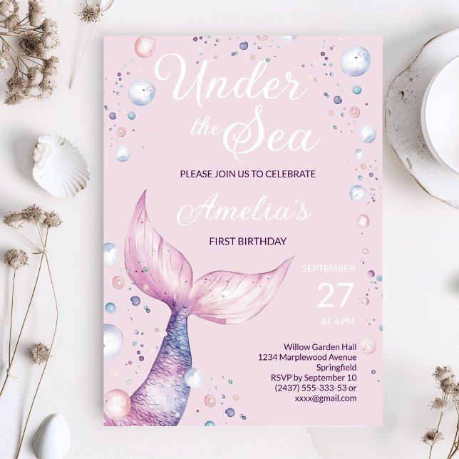 Convite de Primeiro Aniversário de Sereia Debaixo  (Pink under the sea mermaid tail invitation for baby girl first birthday)