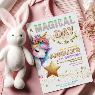 Convite de primeiro aniversário de unicórnio com a