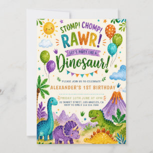Convite de Primeiro Aniversário do Dinossauro Rugi