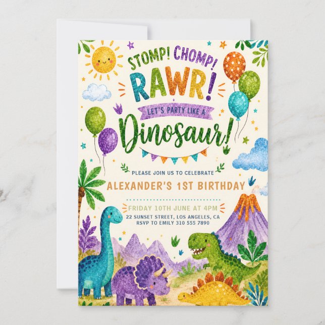 Convite de Primeiro Aniversário do Dinossauro Rugi (Frente)