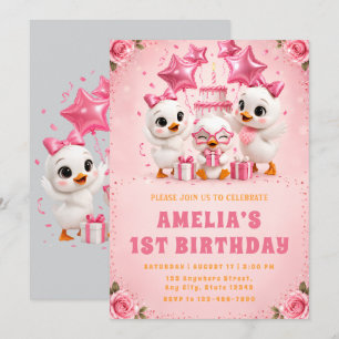 Convite de Primeiro Aniversário do Patinho Rosa