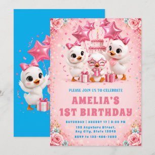 Convite de Primeiro Aniversário do Patinho Rosa
