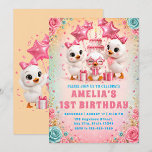 Convite de Primeiro Aniversário do Patinho Rosa Az