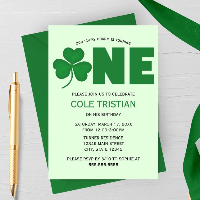 Convite de Primeiro Aniversário do Trevo da Sorte  (Lucky Charm Shamrock | St. Patrick's Day First Birthday Party Invitation)