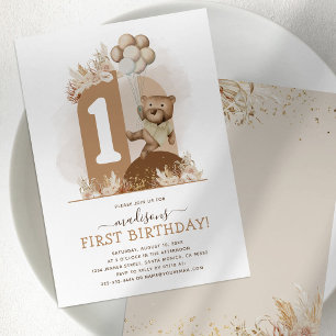 Convite de Primeiro Aniversário do Urso Boho Teddy