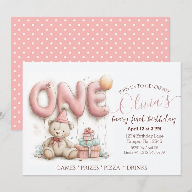 Convite de Primeiro Aniversário Doce com Urso de P (Frente/Verso)