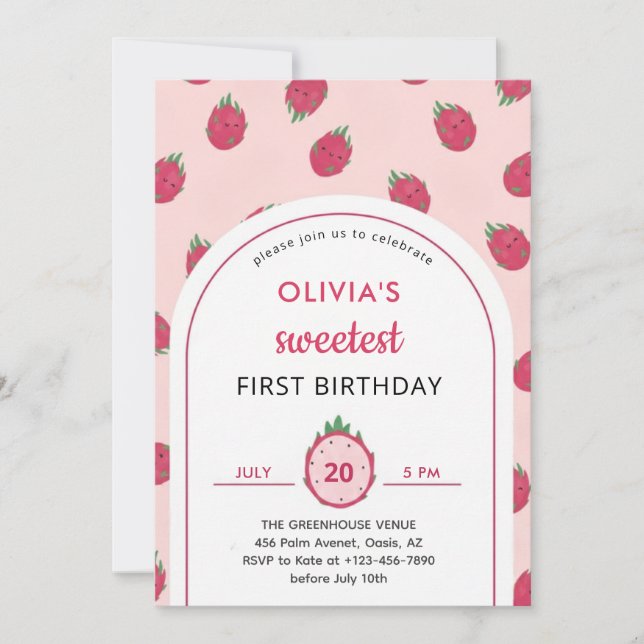 Convite de Primeiro Aniversário Doce Fruta do Drag (Frente)