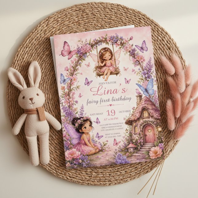 Convite de Primeiro Aniversário Fada Floresta Rosa (Fairy First Birthday Pink Forest Invitation)