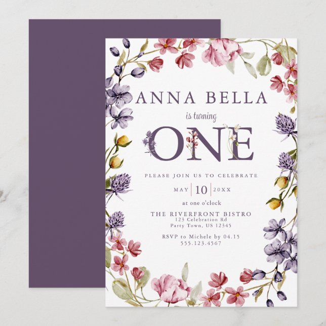 Convite de Primeiro Aniversário Floral (Frente/Verso)