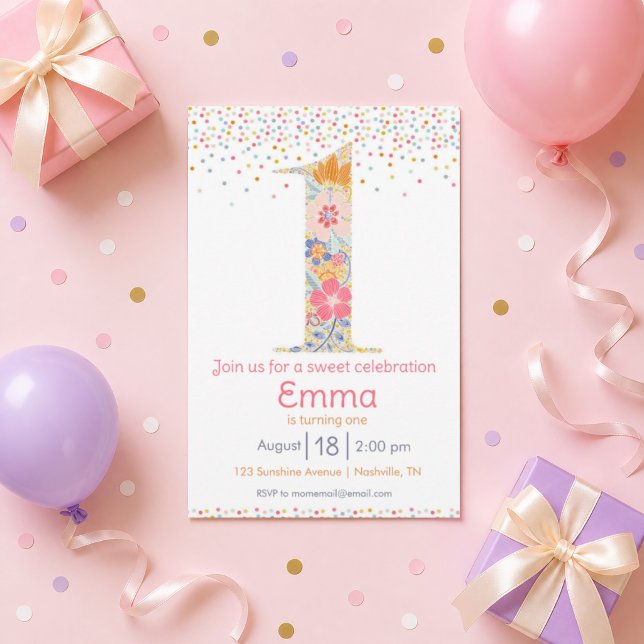 Convite de Primeiro Aniversário Floral Caprichoso (Criador carregado)