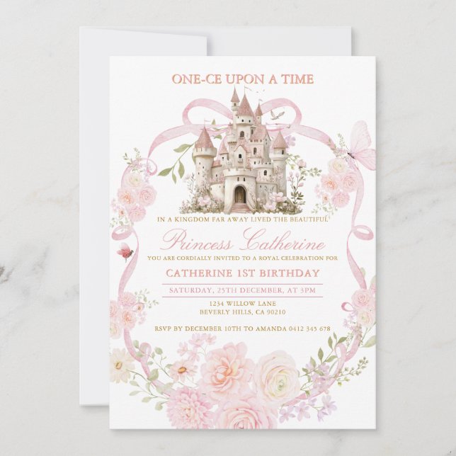 Convite de Primeiro Aniversário Floral Castelo Coq (Frente)