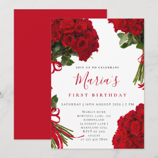 Convite de Primeiro Aniversário Floral de Rosa Ver