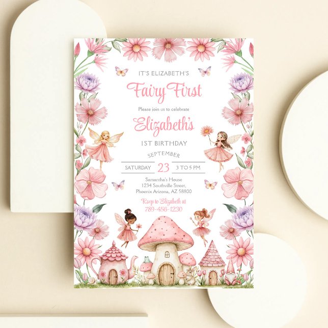 Convite de Primeiro Aniversário Floral Menina Fada (Criador carregado)