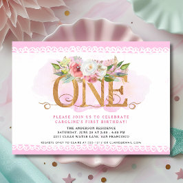 Convite de Primeiro Aniversário Floral Rosa ONE