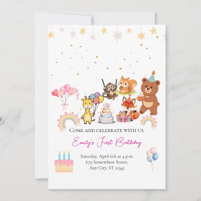 Convite de primeiro aniversário fofo com animais d (Frente)