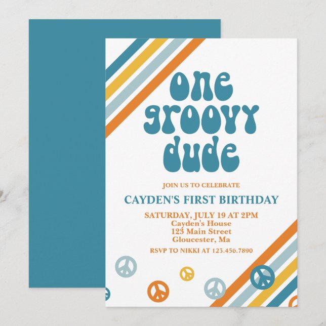 Convite de Primeiro Aniversário Groovy One Retro B (Frente/Verso)