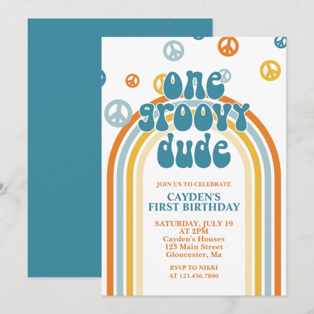Convite de Primeiro Aniversário Groovy One Retro B (Frente/Verso)