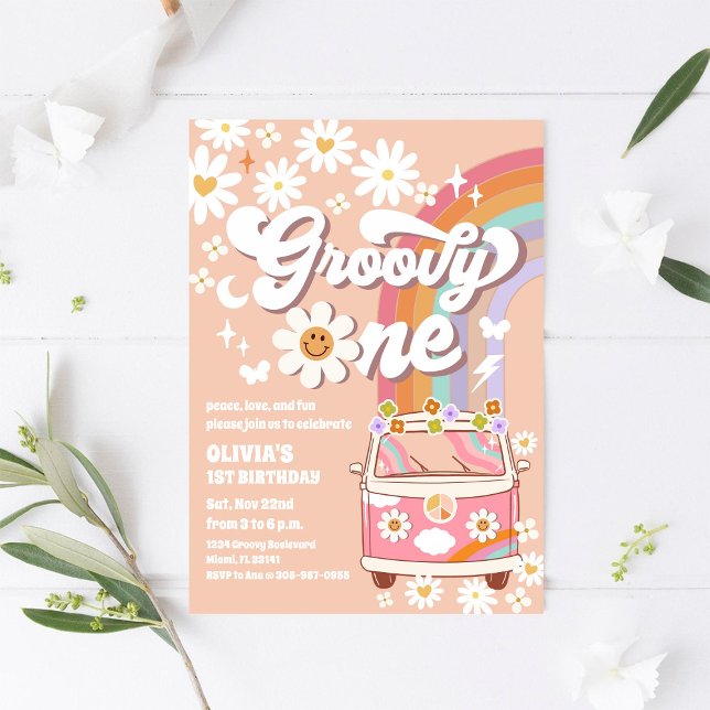 Convite de Primeiro Aniversário Groovy Retro (Criador carregado)