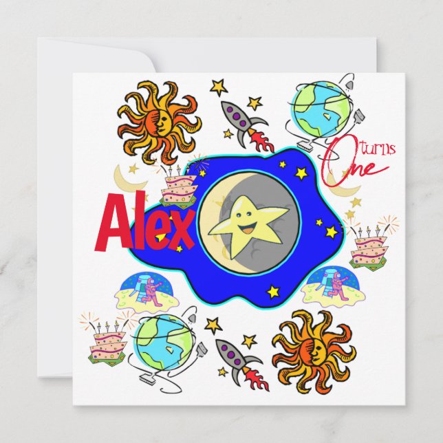 convite de primeiro aniversário infantil Espaçonav (Frente)