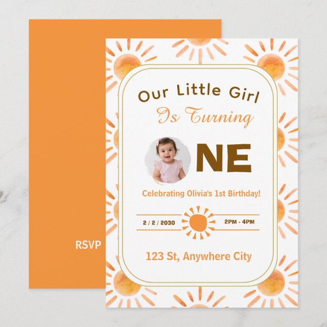 Convite de Primeiro Aniversário Little Sunshine (Frente/Verso)
