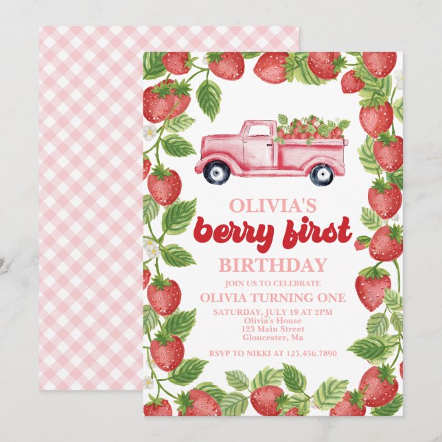 Convite de Primeiro Aniversário Morango Berry (Frente/Verso)