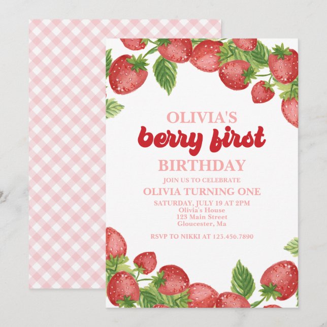Convite de Primeiro Aniversário Morango Berry (Frente/Verso)
