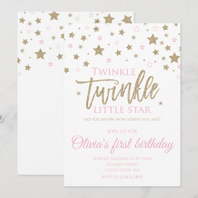 Convite de primeiro aniversário Twinkle Twinkle Li (Frente/Verso)