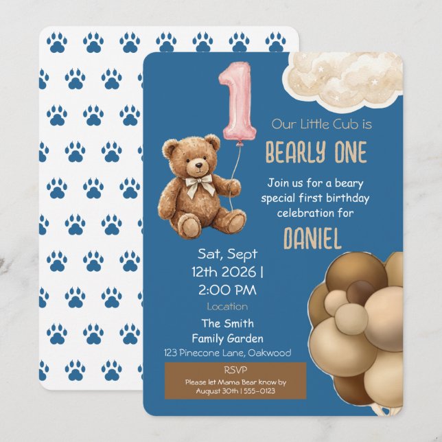 Convite de Primeiro Aniversário Urso de Pelúcia Be (Frente/Verso)