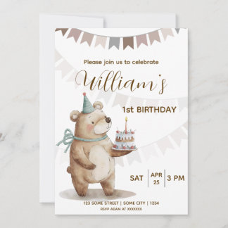 Convite de Primeiro Aniversário Urso de Pelúcia Ed