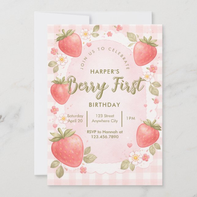 Convite de Primeiro Aniversário Vintage Berry (Frente)