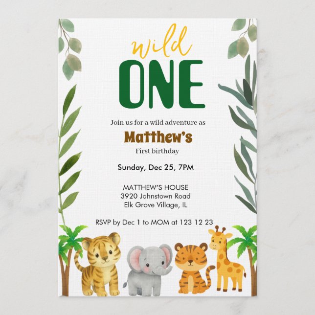 Convite de Primeiro Aniversário Wild One Jungle (Frente)