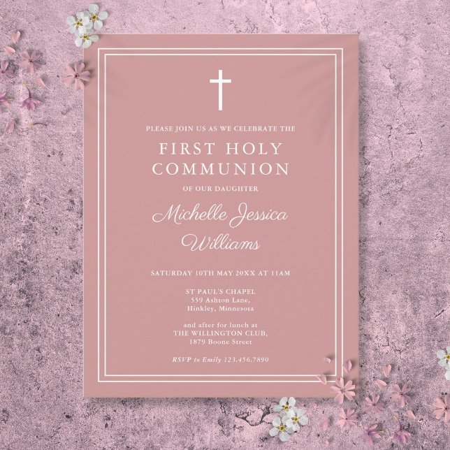 Convite de Primeiro Comunhão Rosa Poeirento (Dusty Rose Pink First Holy Communion Invitation Postcard)
