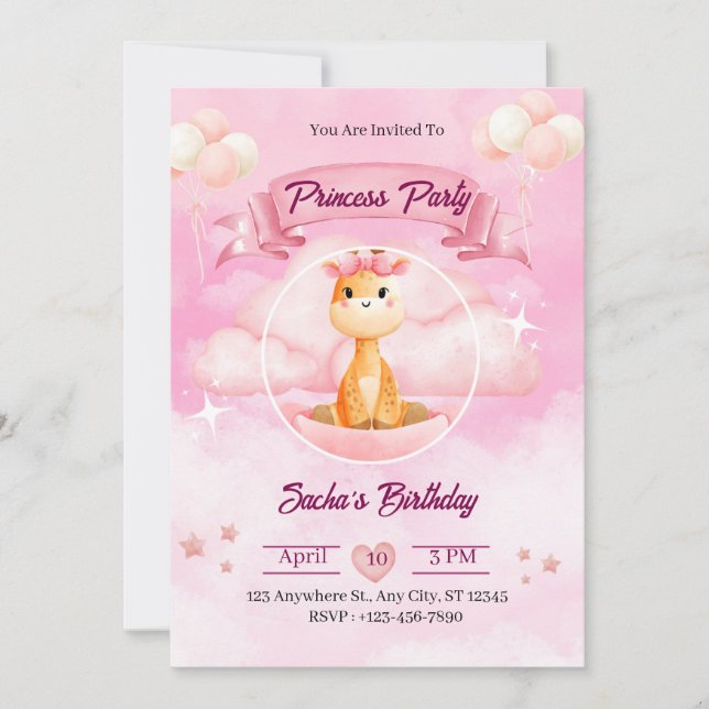 Convite de Princesa Ilustrativo com Aquarela Rosa (Frente)