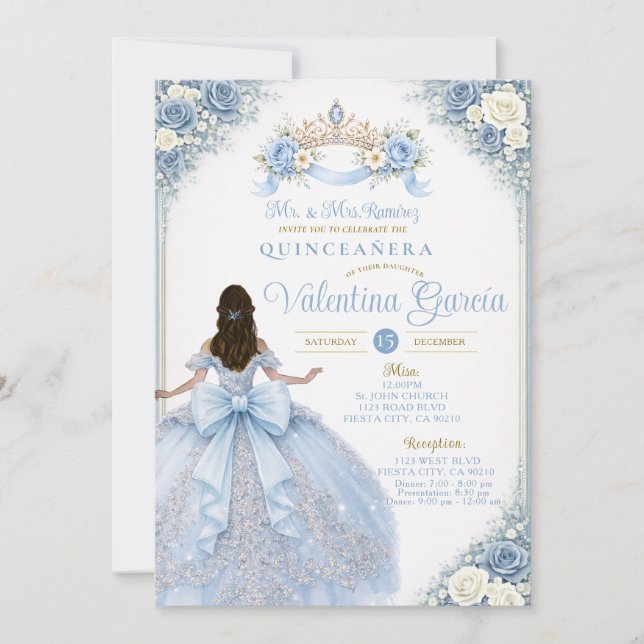 Convite de Quince Anos Baby Blue Crown Gold (Frente)