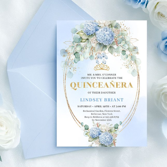 Convite de Quince Anos com Hidrangeas Azuis Elegan (Elegant Blue Hydrangea Greenery Quince Invite)