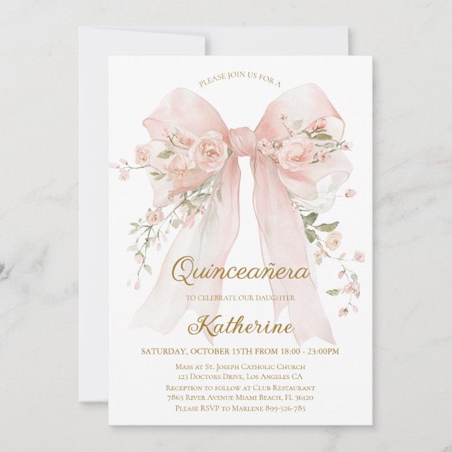 Convite de Quince Anos com Laço Floral para Aniver (Frente)