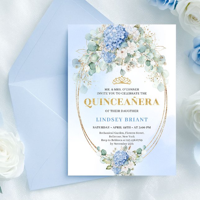 Convite de Quince Anos de Hidrangeas Azuis Eucalip (Graceful Blue Hydrangeas Eucalyptus Quince Invite)